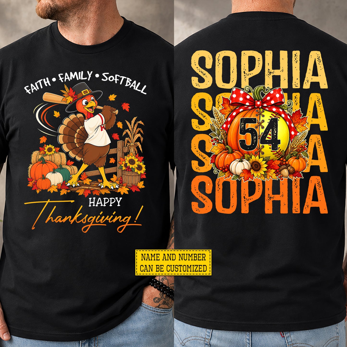 Personalized Thanksgiving Softball Turkey Two-sided T-shirt, Faith Family Softball Tees Thankful Gift For Softball Lover