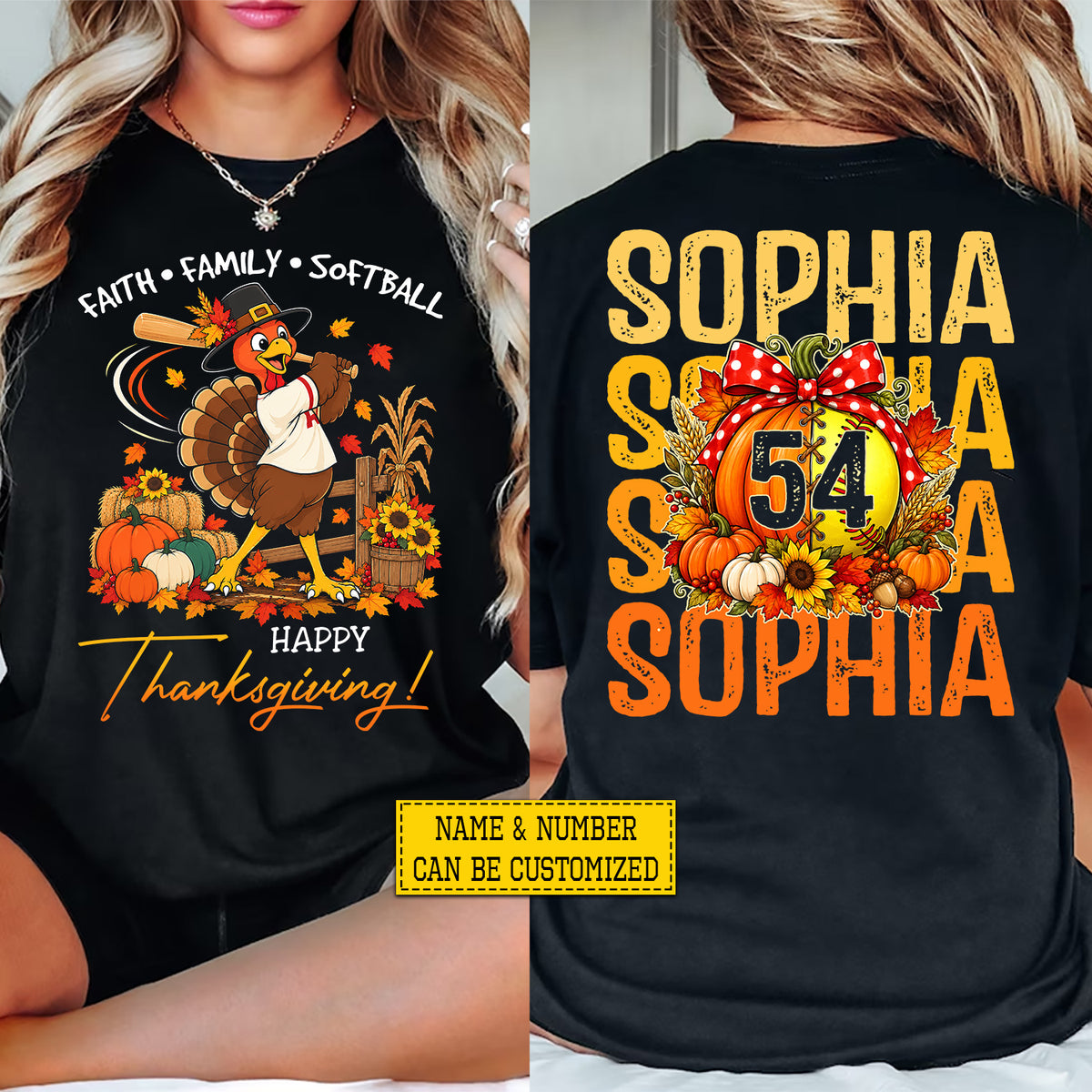 Personalized Thanksgiving Softball Turkey Two-sided T-shirt, Faith Family Softball Tees Thankful Gift For Softball Lover