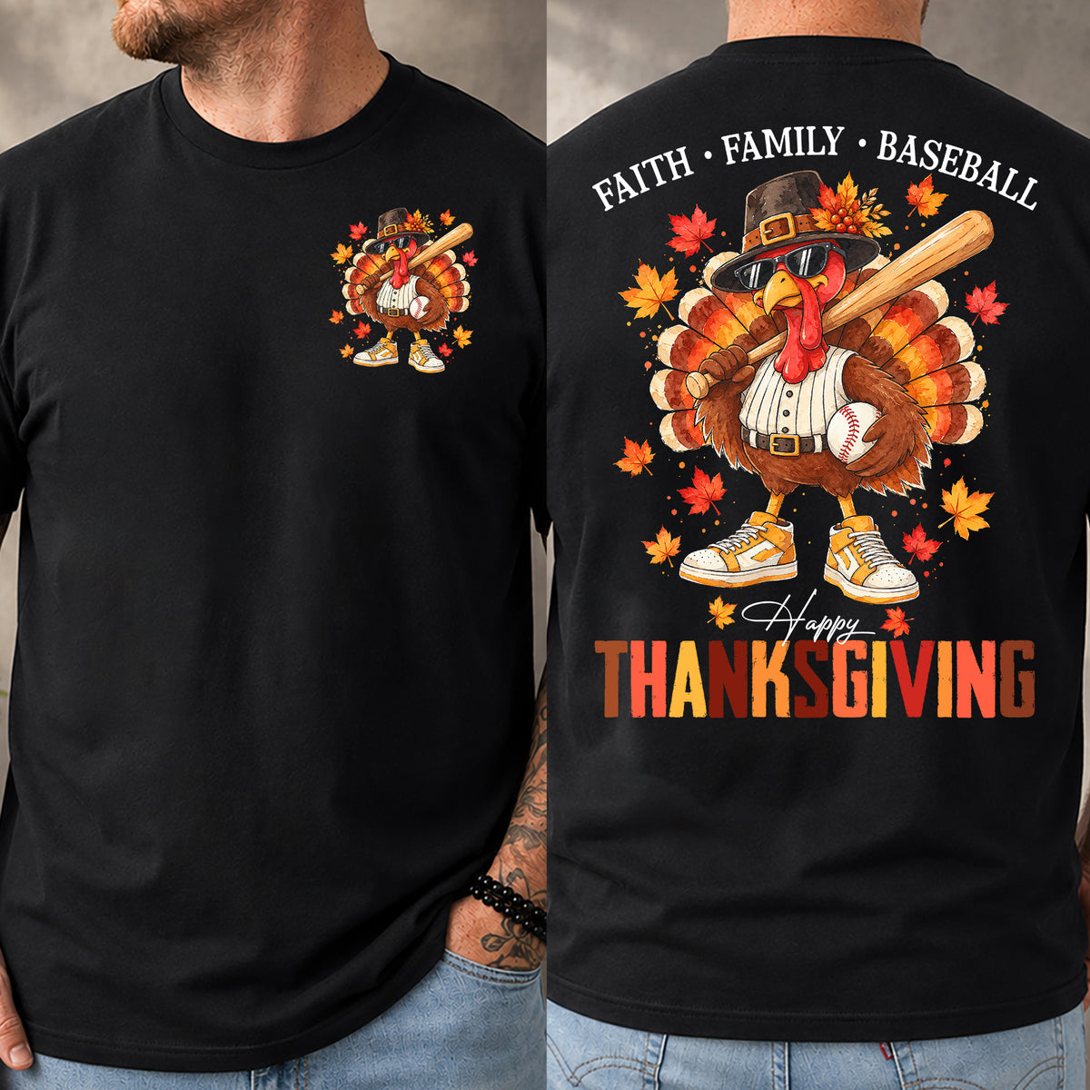 Thanksgiving Baseball Turkey Two-sided T-shirt, Faith Family Baseball Tees Thankful Gift For Baseball Lover