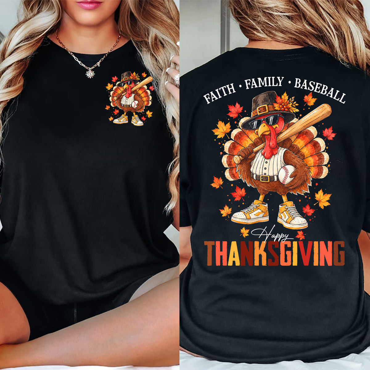 Thanksgiving Baseball Turkey Two-sided T-shirt, Faith Family Baseball Tees Thankful Gift For Baseball Lover