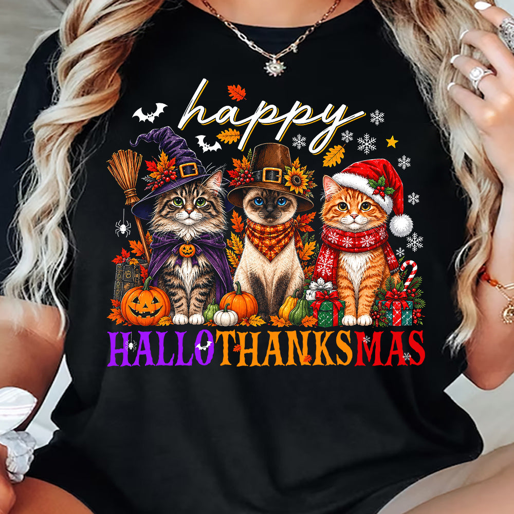 Thanksgiving Halloween Christmas Cat T-shirt, Happy Hallothanksmas Thankful Tees Spooky Season Gift For Cat Lover
