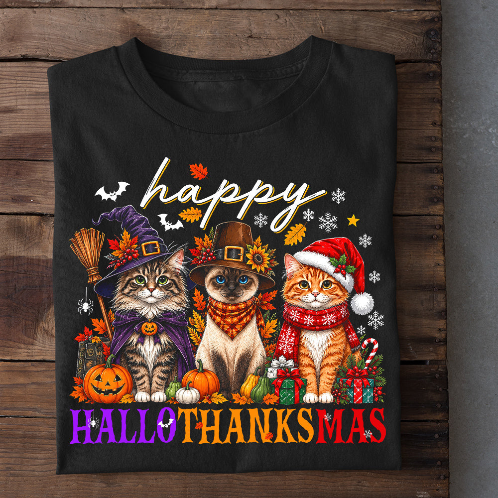 Thanksgiving Halloween Christmas Cat T-shirt, Happy Hallothanksmas Thankful Tees Spooky Season Gift For Cat Lover