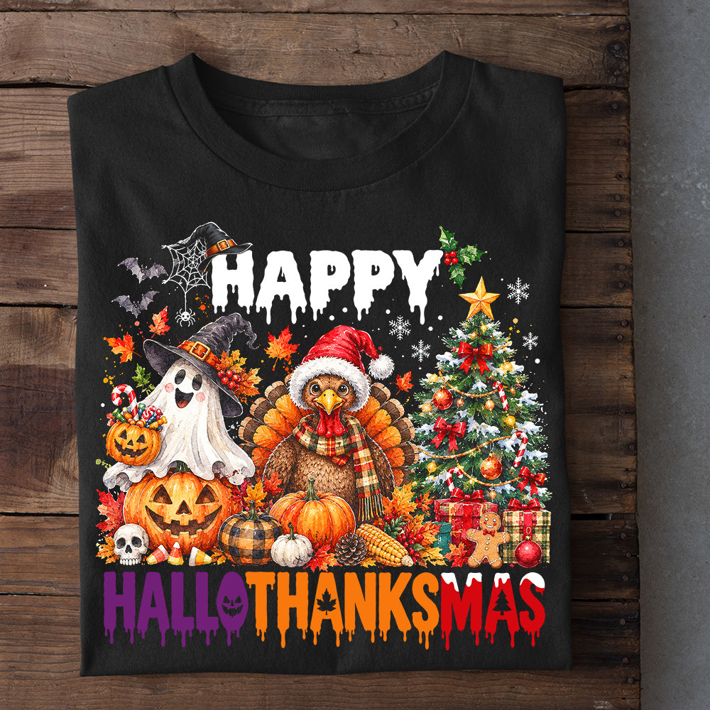 Funny Thanksgiving Halloween Christmas Turkey T-shirt, Happy Hallothanksmas Tees Spooky Season Gift For Turkey Lover