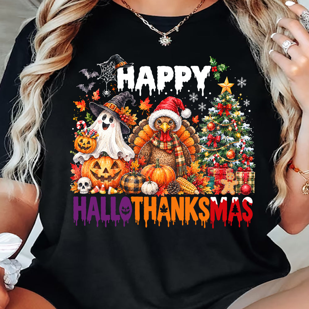 Funny Thanksgiving Halloween Christmas Turkey T-shirt, Happy Hallothanksmas Tees Spooky Season Gift For Turkey Lover