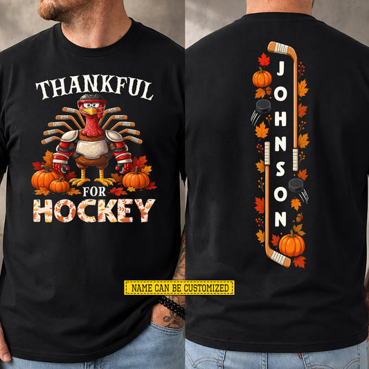 Personalized Thanksgiving Hockey Turkey Two-sided T-shirt, Thankful For Hockey Tees Fall Season  Gift For Hockey Lover