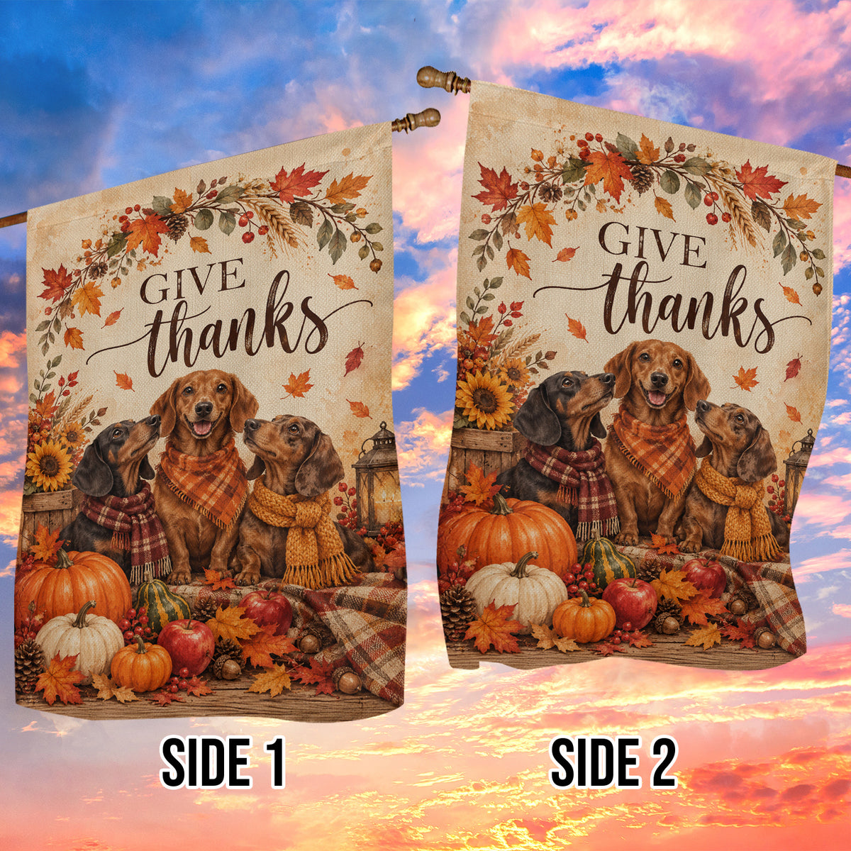 Thanksgiving Dachshund Dog Garden & House Flag, Give Thanks Outdoor Decor, Thankful Yard Decor Gift For Dog Lover