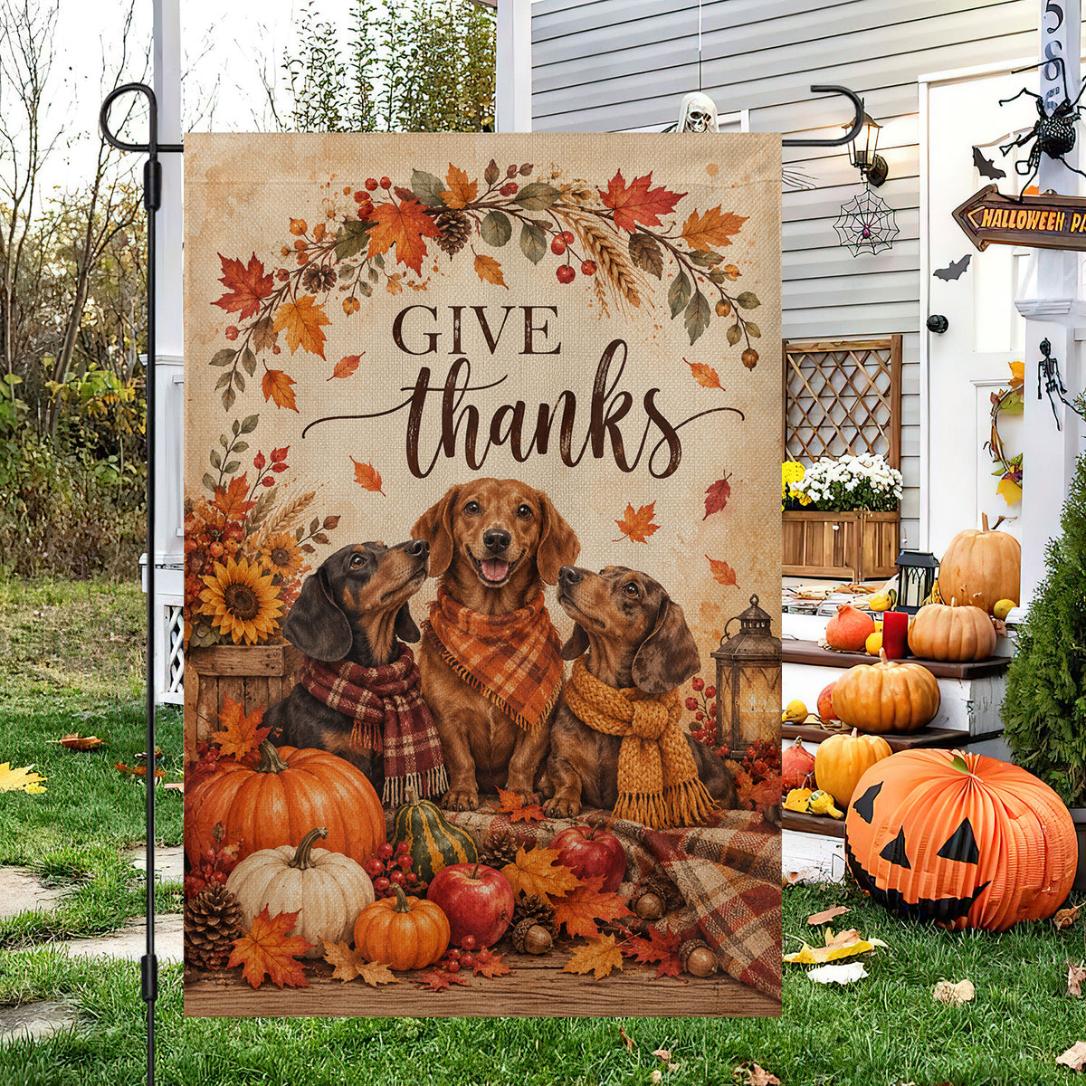 Thanksgiving Dachshund Dog Garden & House Flag, Give Thanks Outdoor Decor, Thankful Yard Decor Gift For Dog Lover