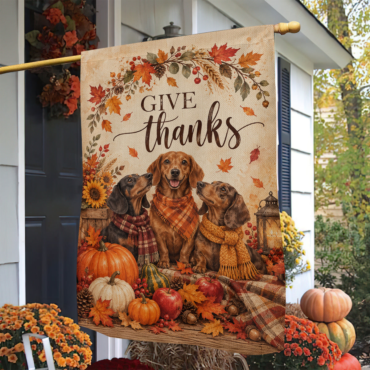 Thanksgiving Dachshund Dog Garden & House Flag, Give Thanks Outdoor Decor, Thankful Yard Decor Gift For Dog Lover