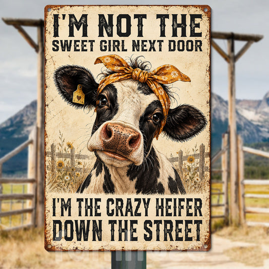 Funny Cow Heifer Metal Sign, Not Your Sweet Girl Next Door Farm Sign, Farm Decor Vintage Gift For Heifer Lover