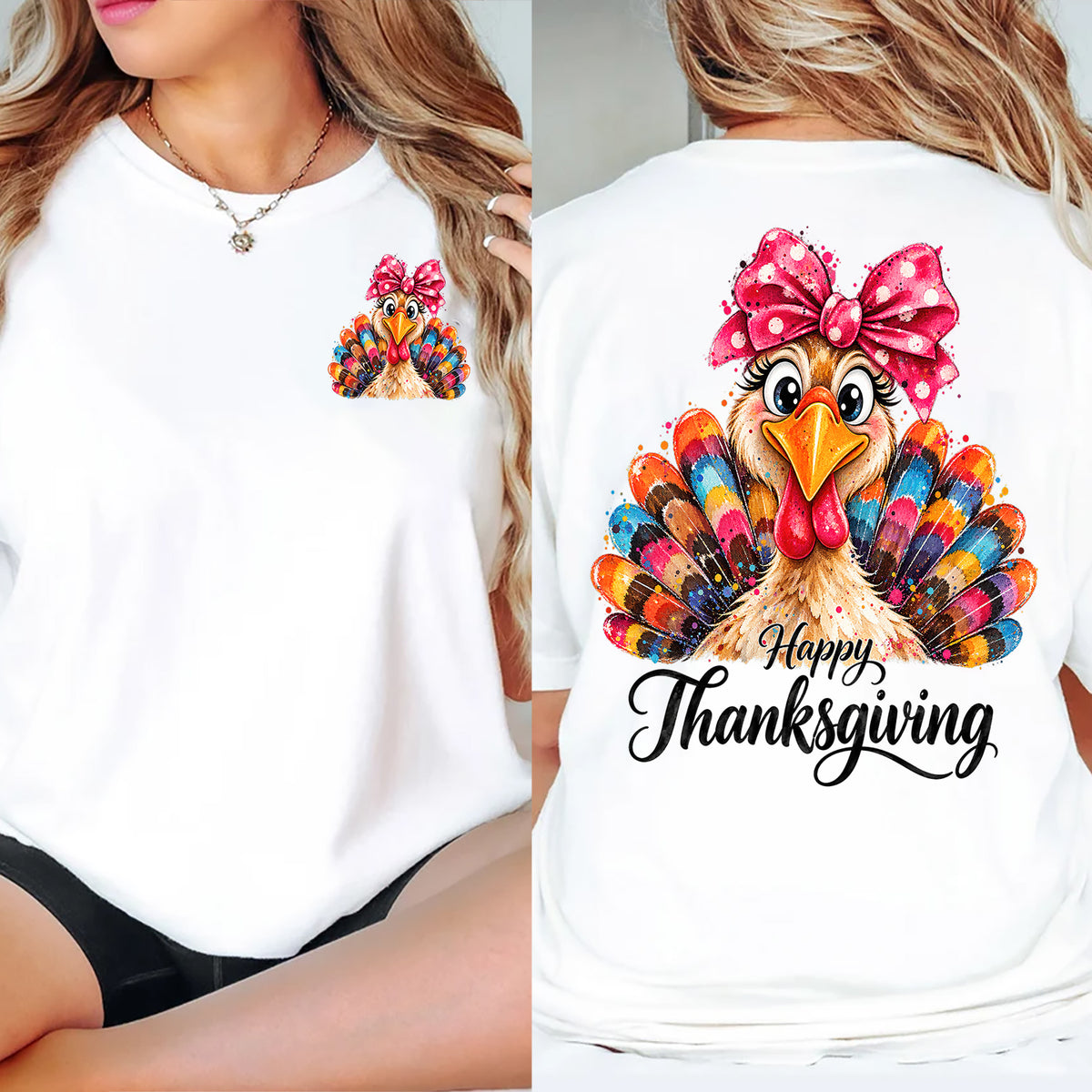 Funny Girl Thanksgiving Turkey Two-sided T-shirt, Happy Thanksgiving Tees Thankful Gift For Turkey Lover