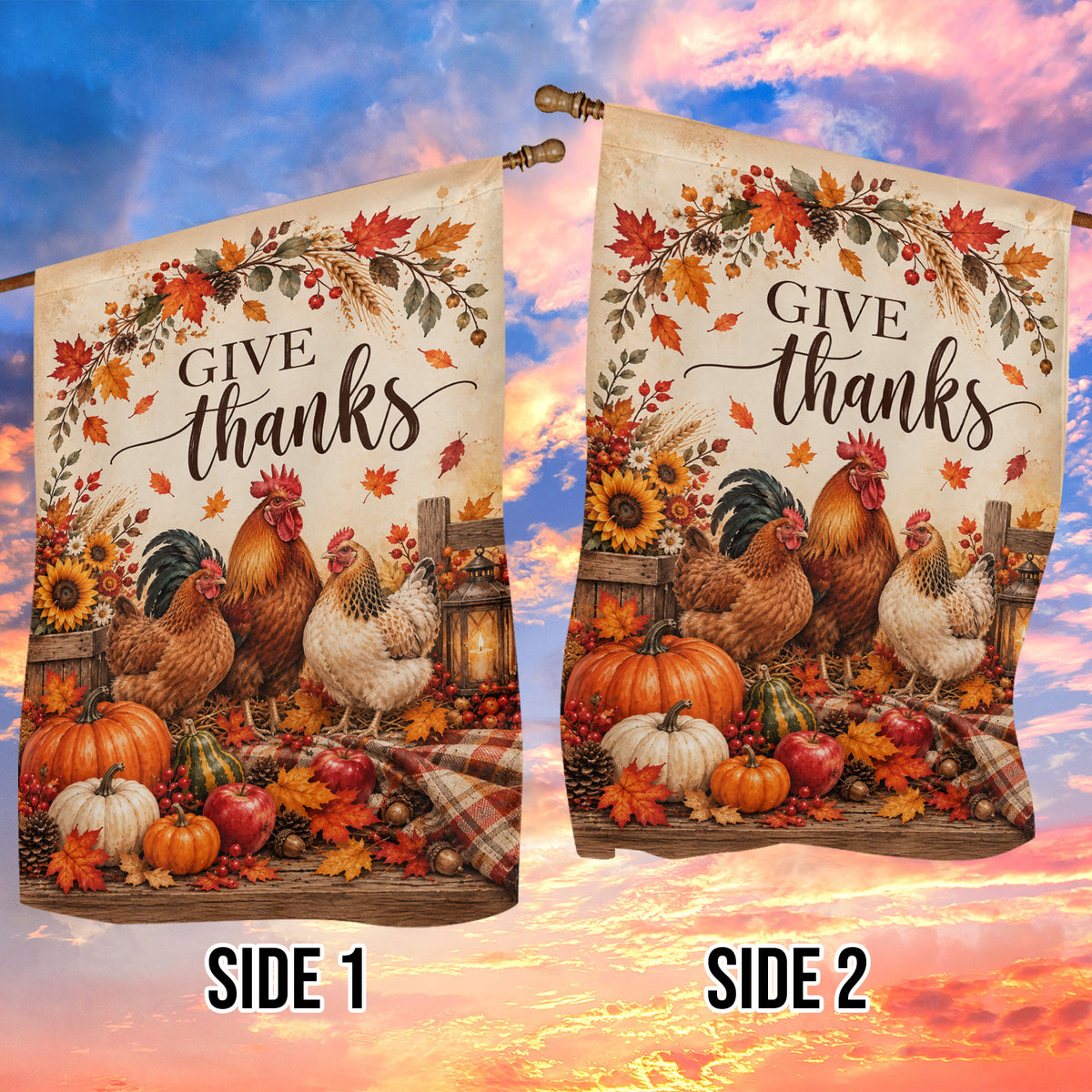 Thanksgiving Chicken Garden & House Flag, Give Thanks Outdoor Decor, Thankful Yard Decor Gift For Chicken Lover