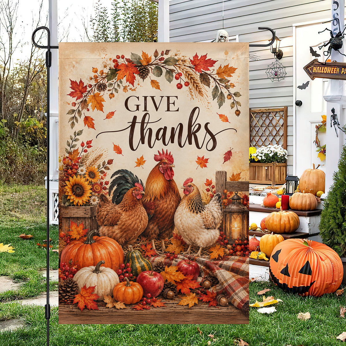 Thanksgiving Chicken Garden & House Flag, Give Thanks Outdoor Decor, Thankful Yard Decor Gift For Chicken Lover