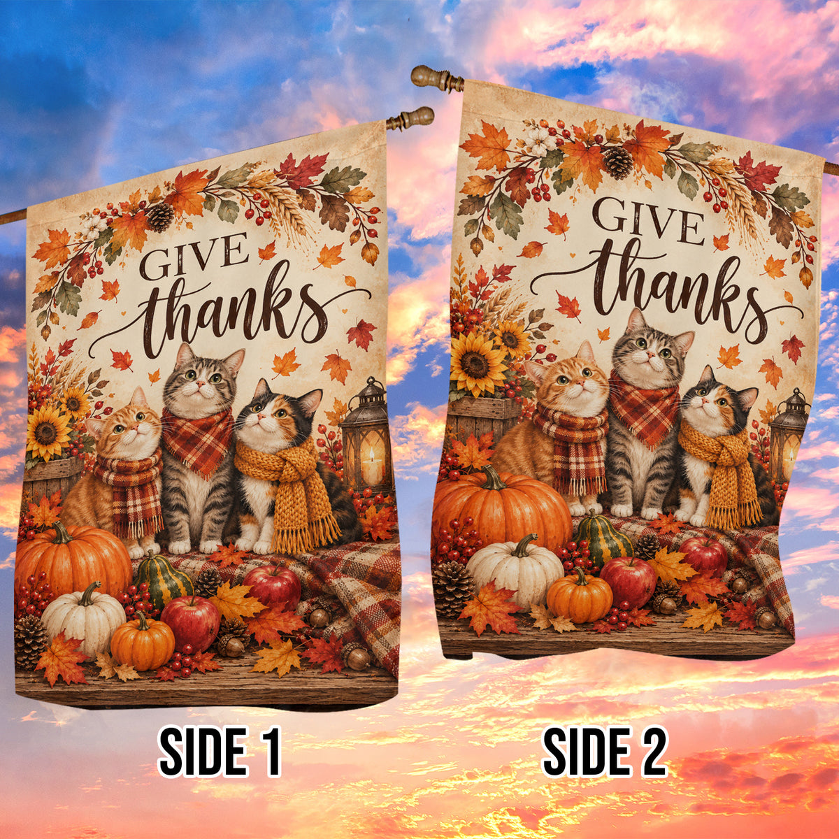 Thanksgiving Cat Garden & House Flag, Give Thanks Outdoor Decor, Thankful Yard Decor Gift For Cat Lover