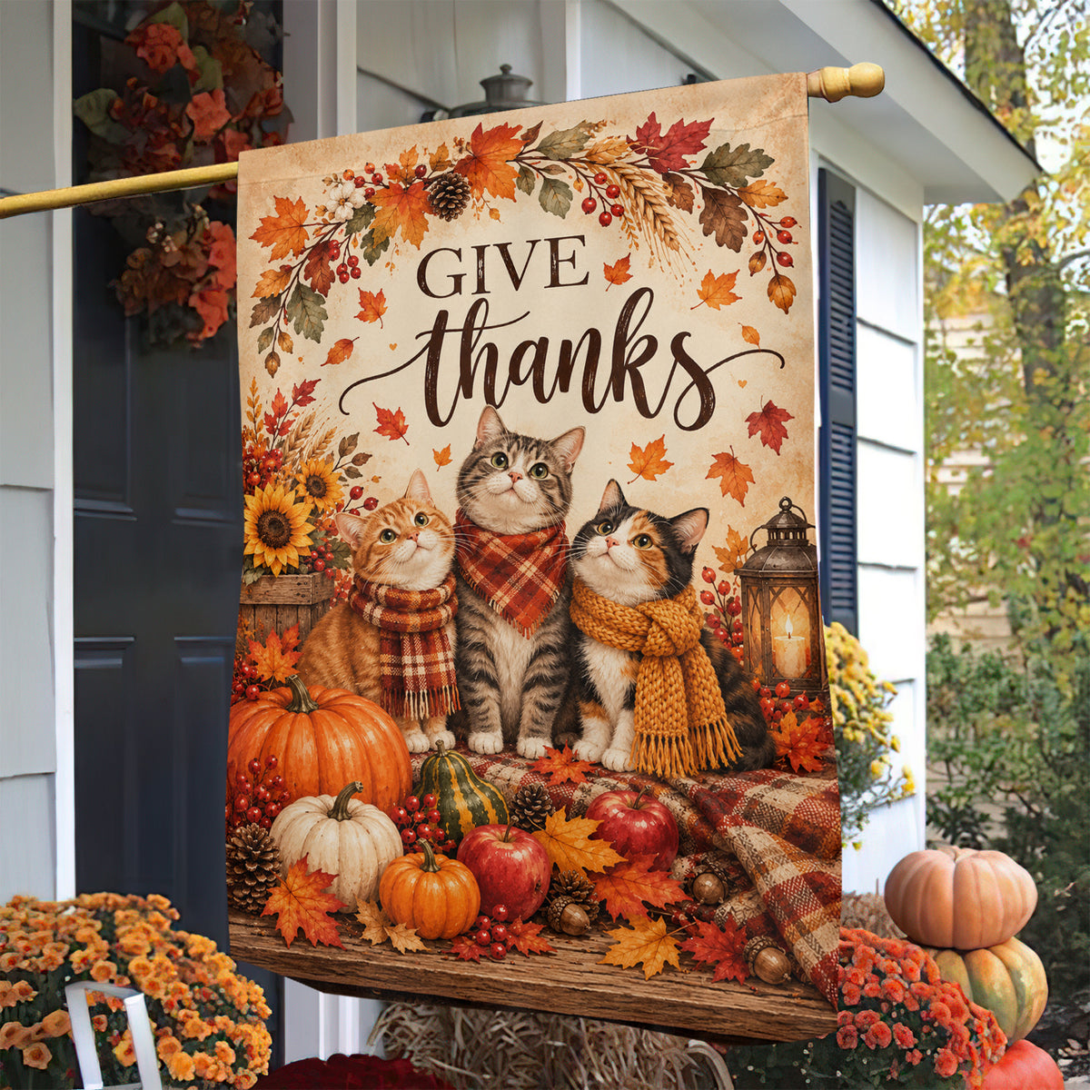 Thanksgiving Cat Garden & House Flag, Give Thanks Outdoor Decor, Thankful Yard Decor Gift For Cat Lover