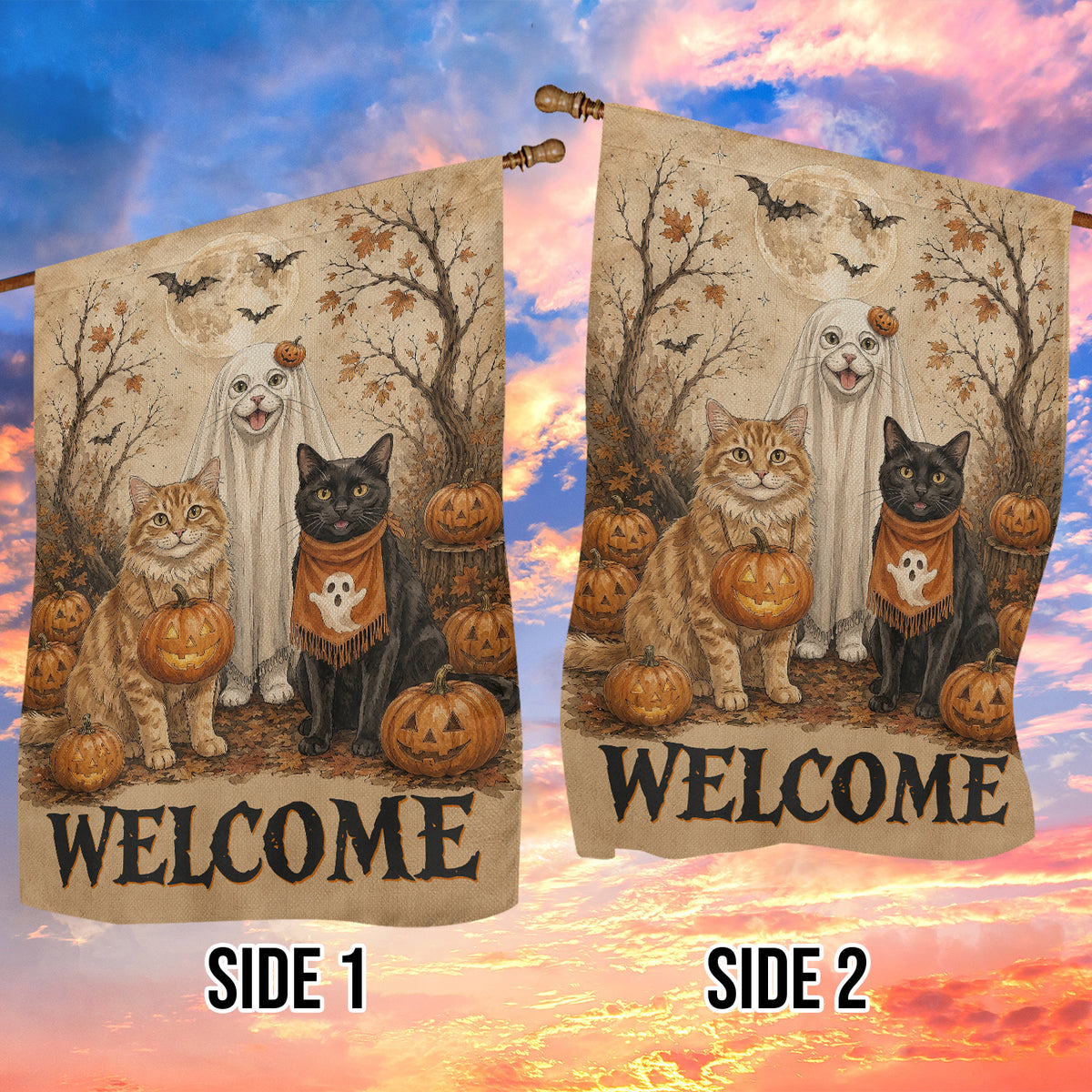 Vintage Halloween Cat Garden & House Flag, Welcome Yard Flag, Spooky Season Gift For Cat Lover