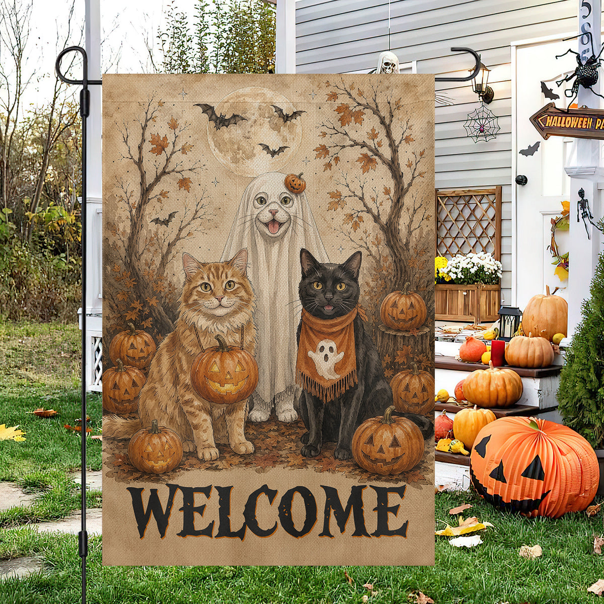 Vintage Halloween Cat Garden & House Flag, Welcome Yard Flag, Spooky Season Gift For Cat Lover