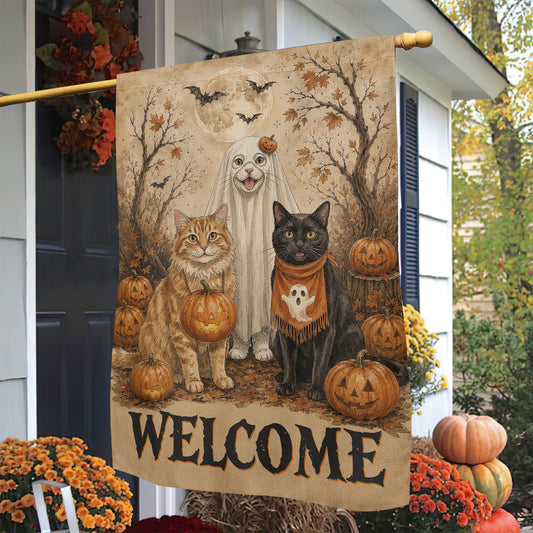 Vintage Halloween Cat Garden & House Flag, Welcome Yard Flag, Spooky Season Gift For Cat Lover