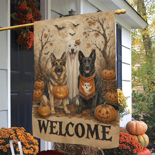 Vintage Halloween German Shepherd Dog Garden & House Flag, Welcome Yard Flag, Spooky Season Gift For Dog Lover