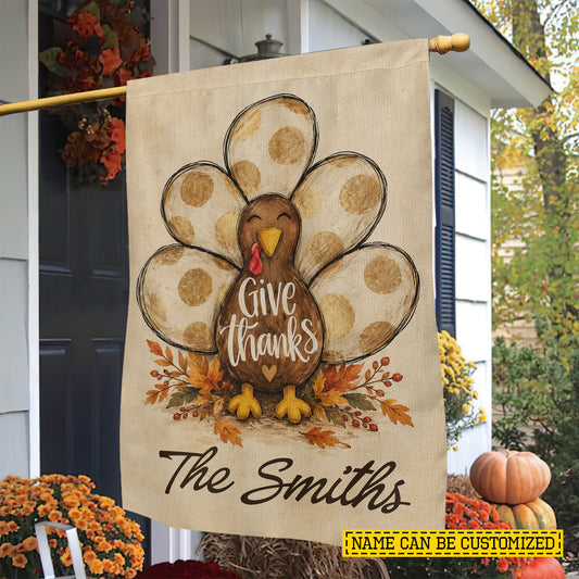 Vintage Personalized Thanksgiving Turkey Garden & House Flag, Give Thanks Outdoor Decor, Fall Season Yard Decor Gift For Turkey Lover