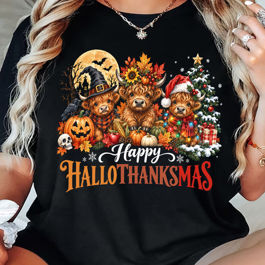 Thanksgiving Halloween Christmas Cow T-shirt, Happy Hallothanksmas, 3 Seasons In 1 Tees Gift For Cow Lover