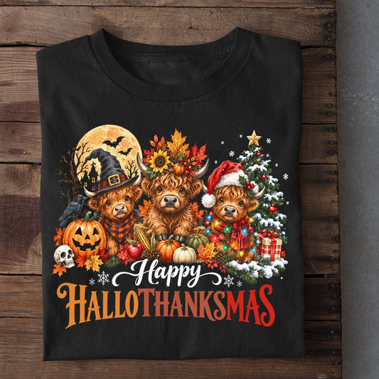 Thanksgiving Halloween Christmas Cow T-shirt, Happy Hallothanksmas, 3 Seasons In 1 Tees Gift For Cow Lover