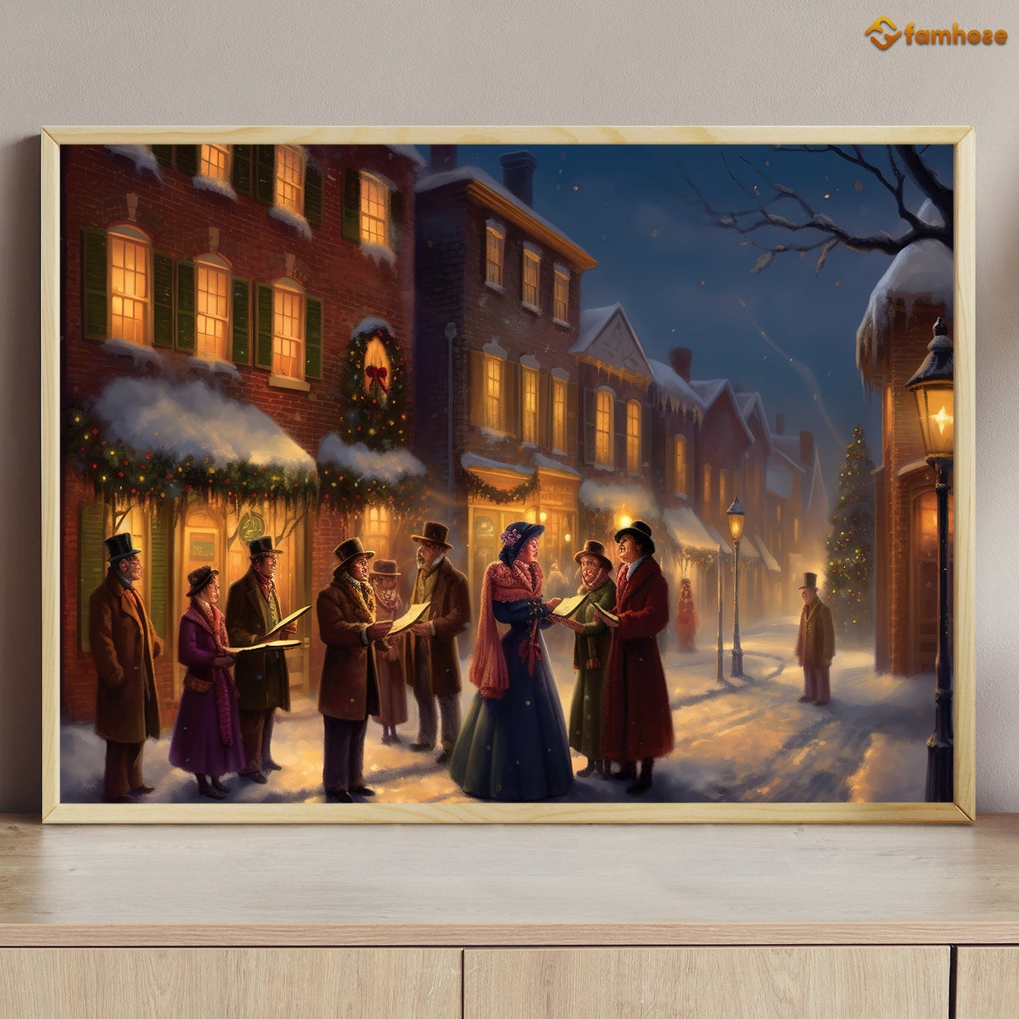 Victorian Yuletide Carolers of the Cobblestone Streets Christmas Canvas Painting, Xmas Wall Art Decor - Christmas Poster Gift