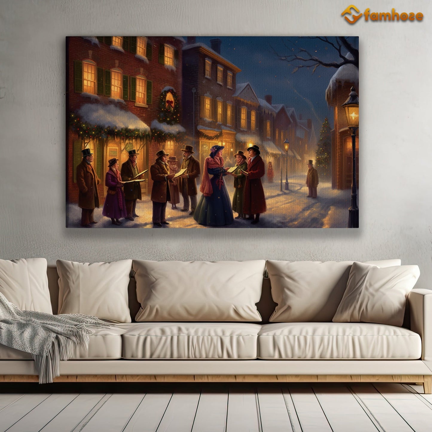 Victorian Yuletide Carolers of the Cobblestone Streets Christmas Canvas Painting, Xmas Wall Art Decor - Christmas Poster Gift