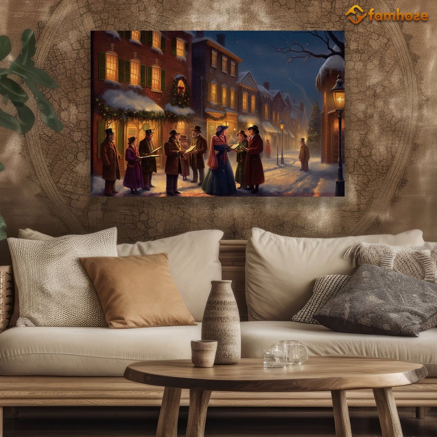 Victorian Yuletide Carolers of the Cobblestone Streets Christmas Canvas Painting, Xmas Wall Art Decor - Christmas Poster Gift