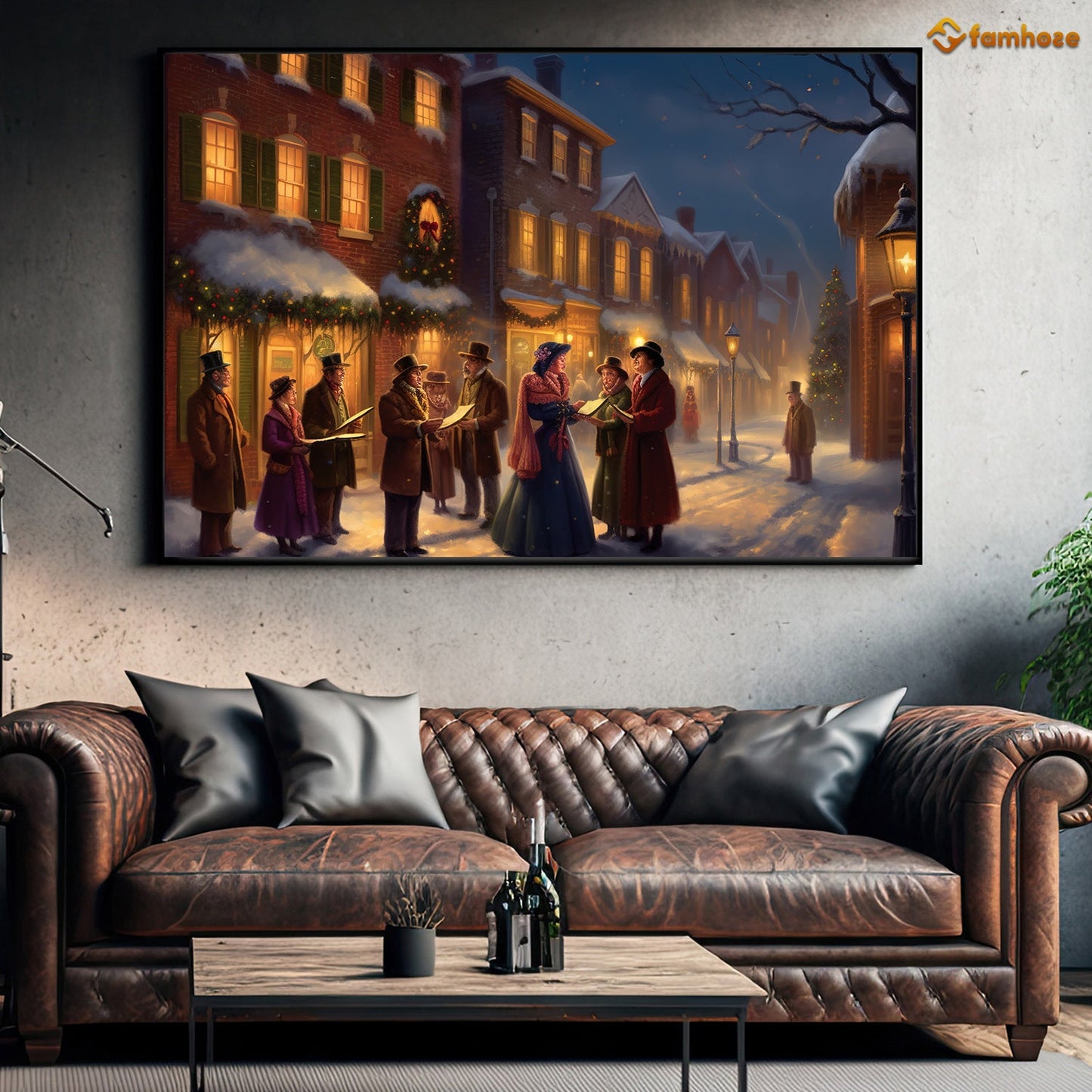 Victorian Yuletide Carolers of the Cobblestone Streets Christmas Canvas Painting, Xmas Wall Art Decor - Christmas Poster Gift