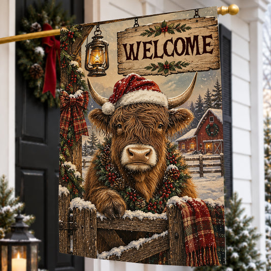 Welcome Christmas Highland Cow Farm Garden & House Flag, Have Yourself A Moo-y Little Christmas Yard Flag, Vintage Xmas Gift For Cow Lover