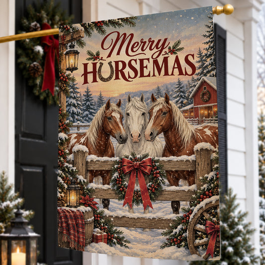 Merry Christmas Horse Farm Garden & House Flag, Have Yourself A Little Merry Horsemas Yard Flag, Vintage Xmas Gift For Horse Lover