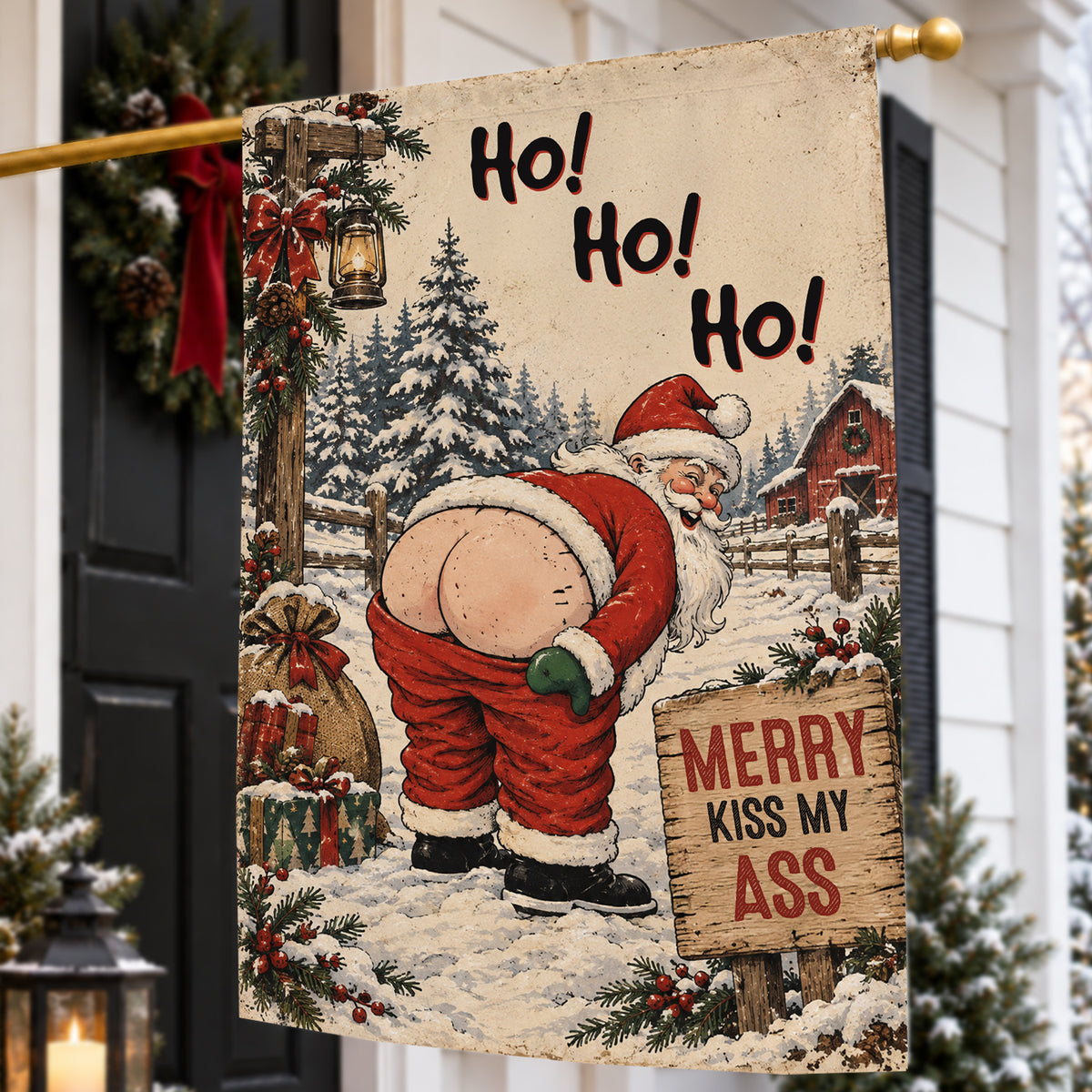 Funny Christmas Santa Claus Garden & House Flag, Ho Ho Holy Cheeks Yard Flag, Vintage Xmas Gift For Santa Claus Lover