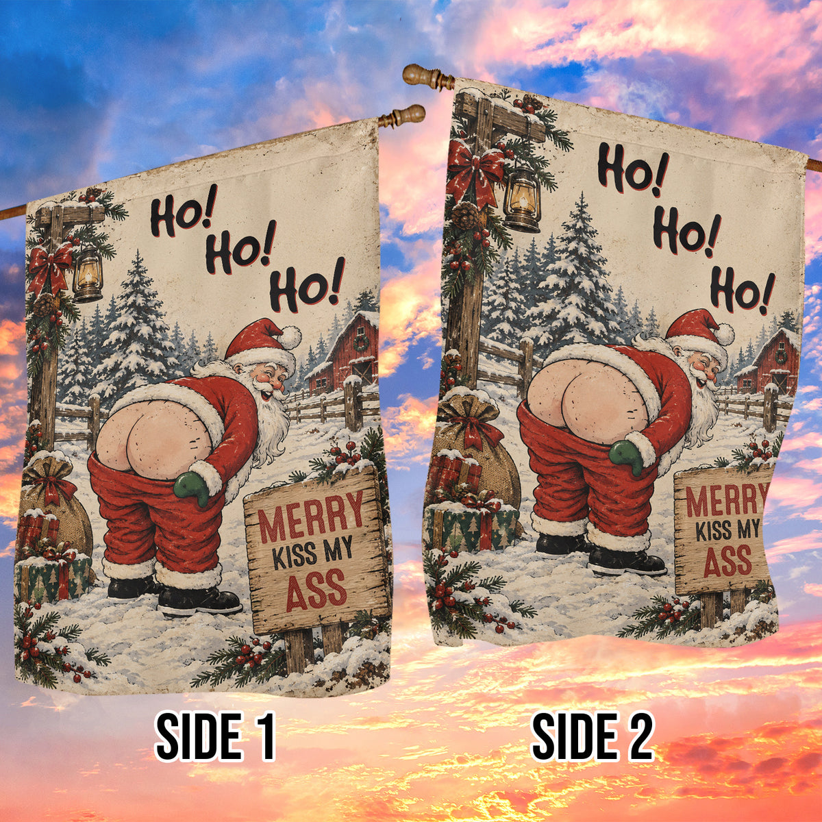 Funny Christmas Santa Claus Garden & House Flag, Ho Ho Holy Cheeks Yard Flag, Vintage Xmas Gift For Santa Claus Lover