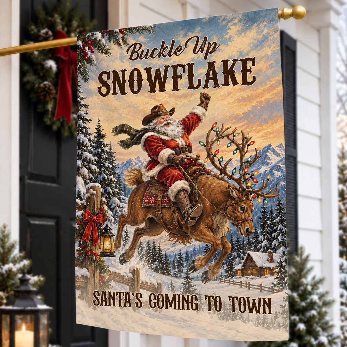 Vintage Christmas Cowboy Santa Claus Garden & House Flag, Buckle Up Snowflake Yard Flag, Xmas Gift For Cowboys
