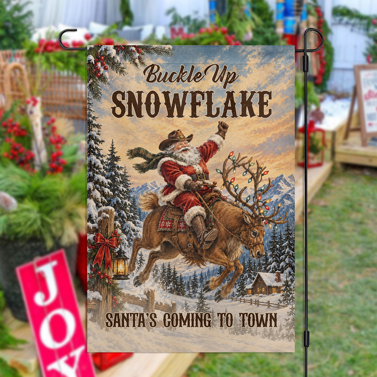 Vintage Christmas Cowboy Santa Claus Garden & House Flag, Buckle Up Snowflake Yard Flag, Xmas Gift For Cowboys
