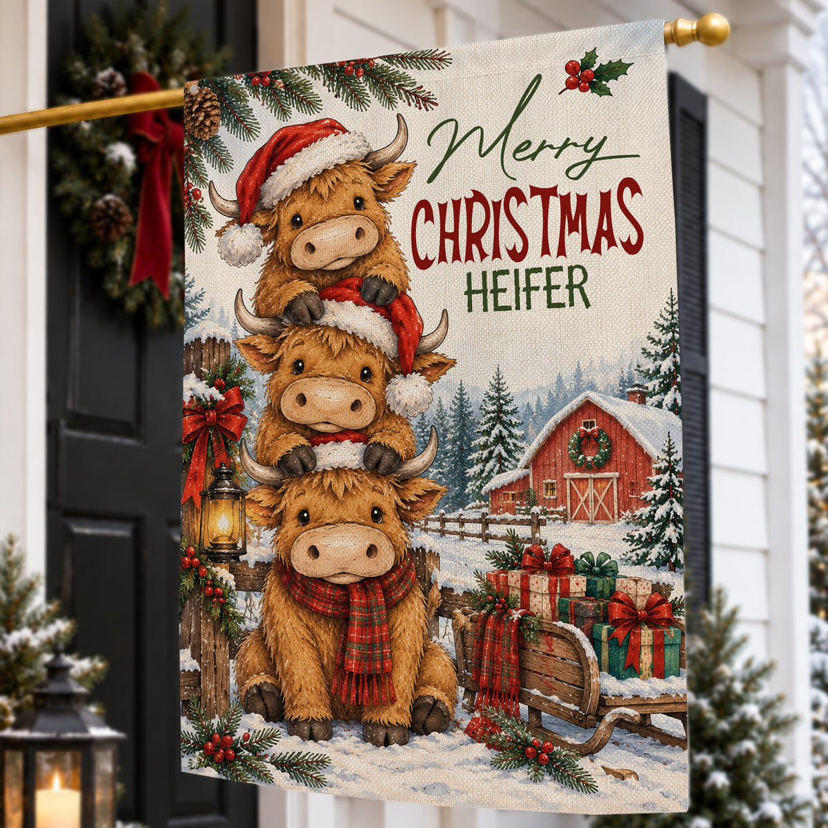 Christmas Heifer Cow Farm Garden & House Flag, Stacked Up For Christmas Yard Flag, Vintage Xmas Gift For Heifer Cow Lover