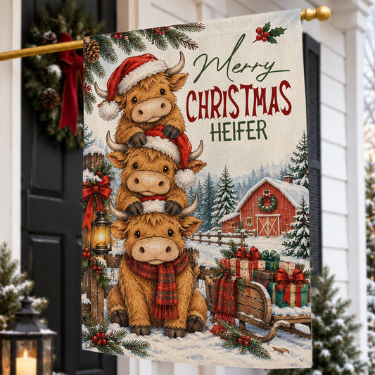 Christmas Heifer Cow Farm Garden & House Flag, Stacked Up For Christmas Yard Flag, Vintage Xmas Gift For Heifer Cow Lover