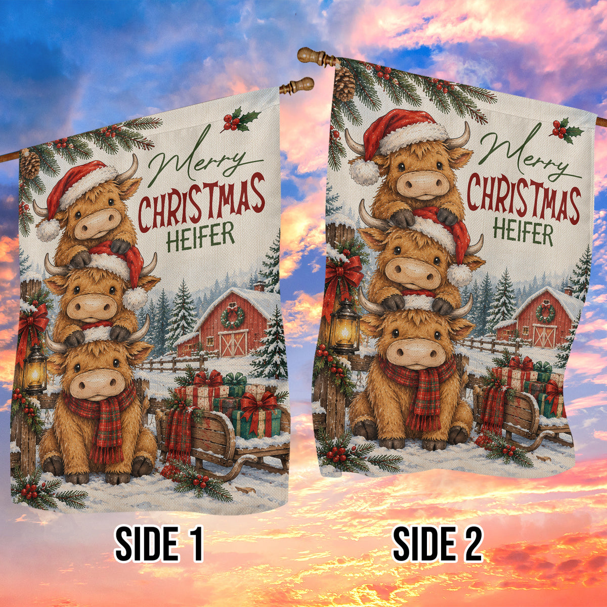 Christmas Heifer Cow Farm Garden & House Flag, Stacked Up For Christmas Yard Flag, Vintage Xmas Gift For Heifer Cow Lover