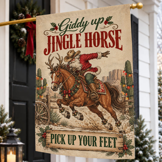 Vintage Christmas Cowboy Santa Claus Garden & House Flag, Giddy Up Jingle Horse Yard Flag, Xmas Gift For Horse Lover