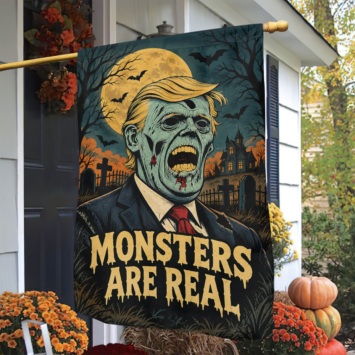 Funny Halloween Trump Zombie Garden & House Flag, Monsters Are Real Yard Flag Spooky Season Gift