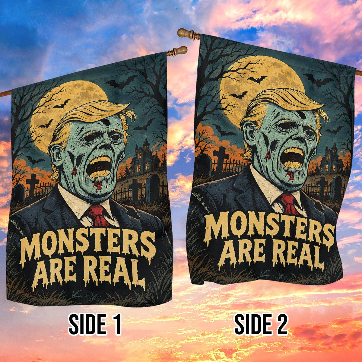 Funny Halloween Trump Zombie Garden & House Flag, Monsters Are Real Yard Flag Spooky Season Gift