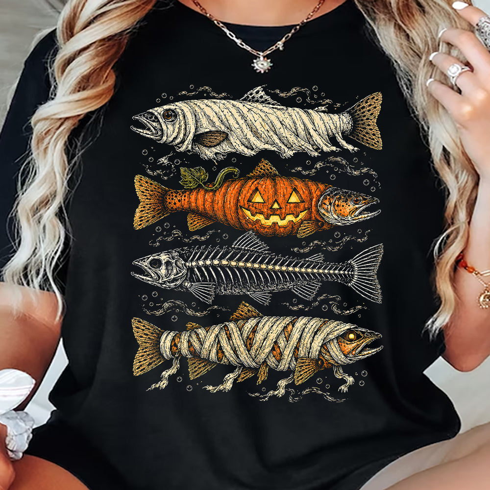 Halloween Fishing T-Shirt, Dead Fish Tell No Tales Tees Spooky Season Gift For Fishing Lover