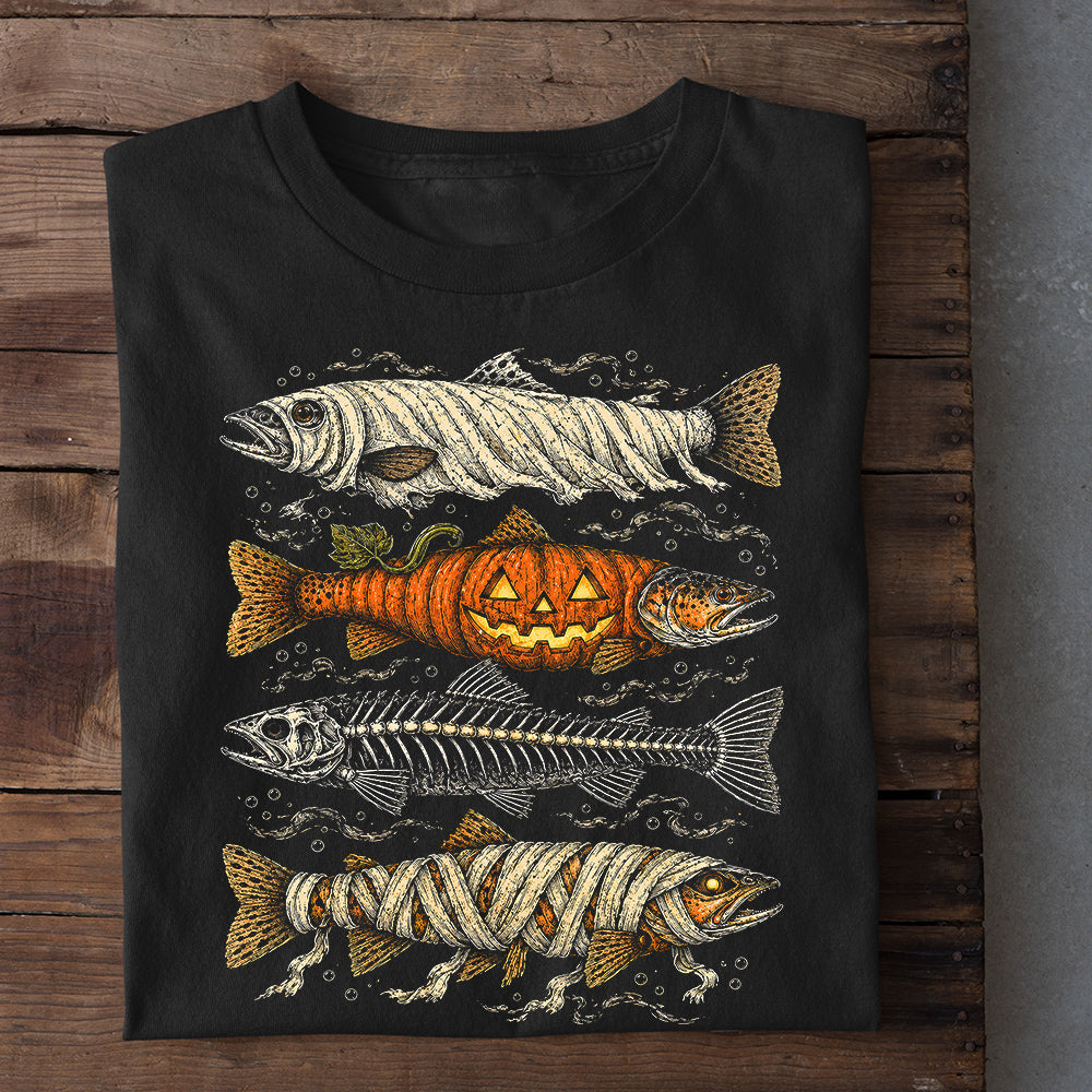 Halloween Fishing T-Shirt, Dead Fish Tell No Tales Tees Spooky Season Gift For Fishing Lover