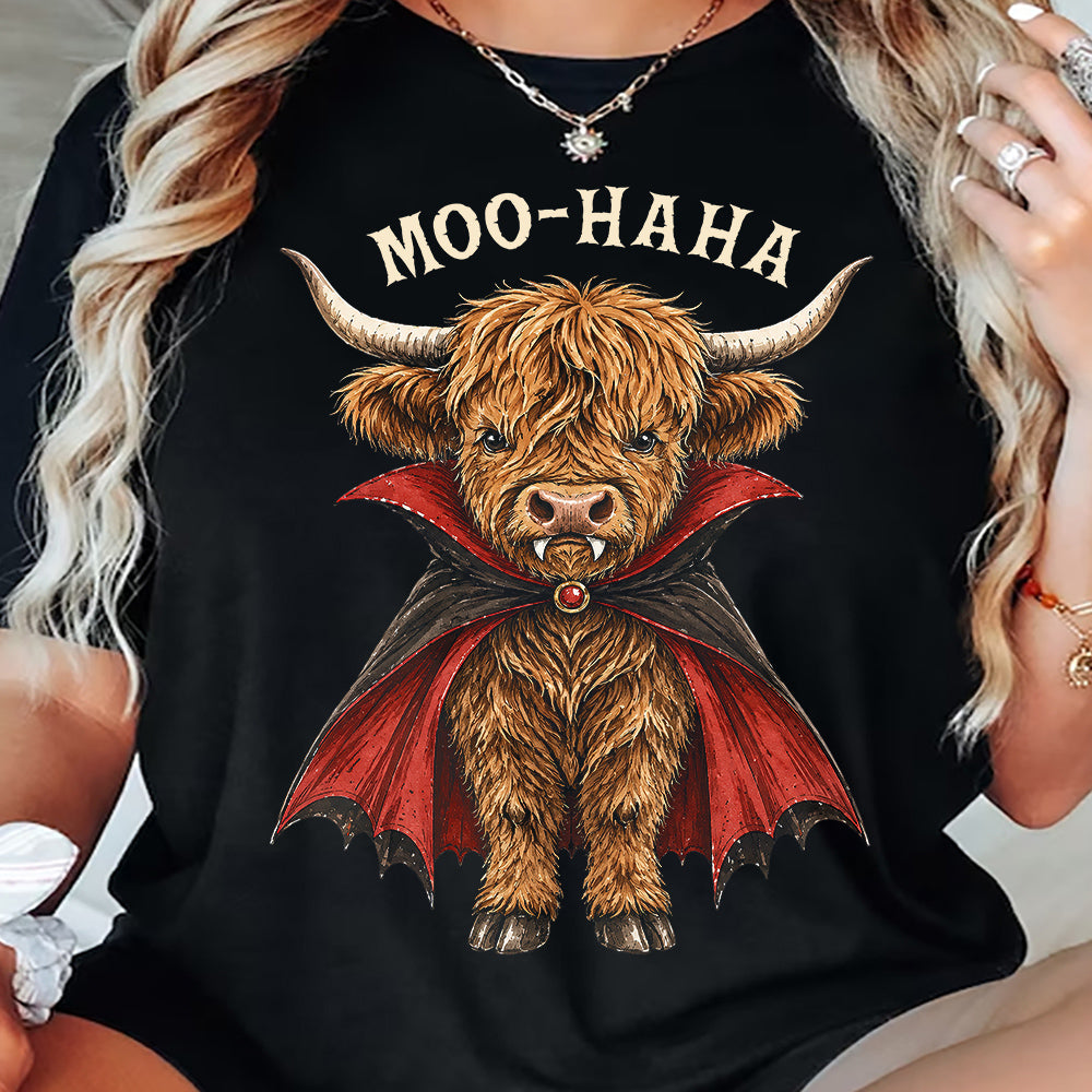 Halloween Highland Cow Dracula T-shirt, Moo-Ha-Ha Tees Spooky Season Gift For Highland Cow Lover