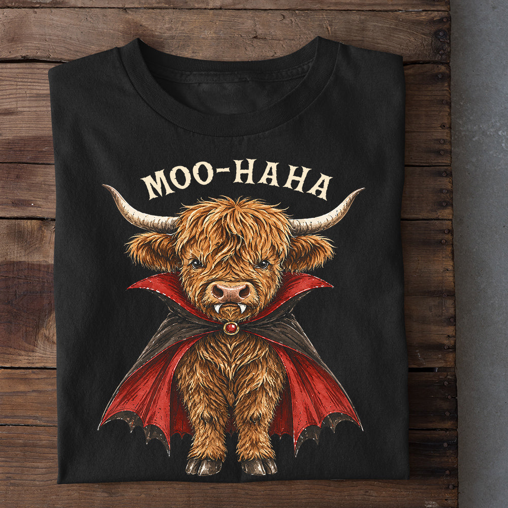 Halloween Highland Cow Dracula T-shirt, Moo-Ha-Ha Tees Spooky Season Gift For Highland Cow Lover