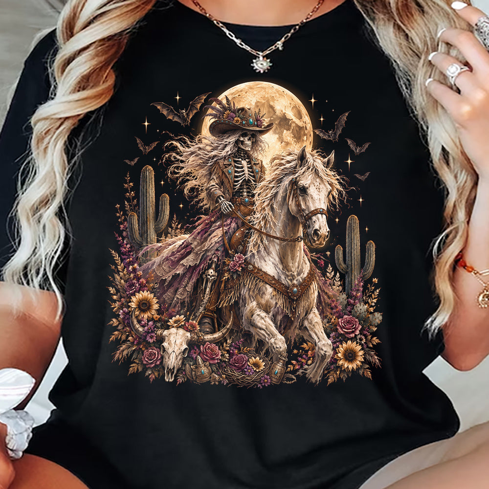 Halloween Western Cowgirl Skeleton T-Shirt, Ride Until The Afterlife Tees Spooky Season Gift For Cowgirls