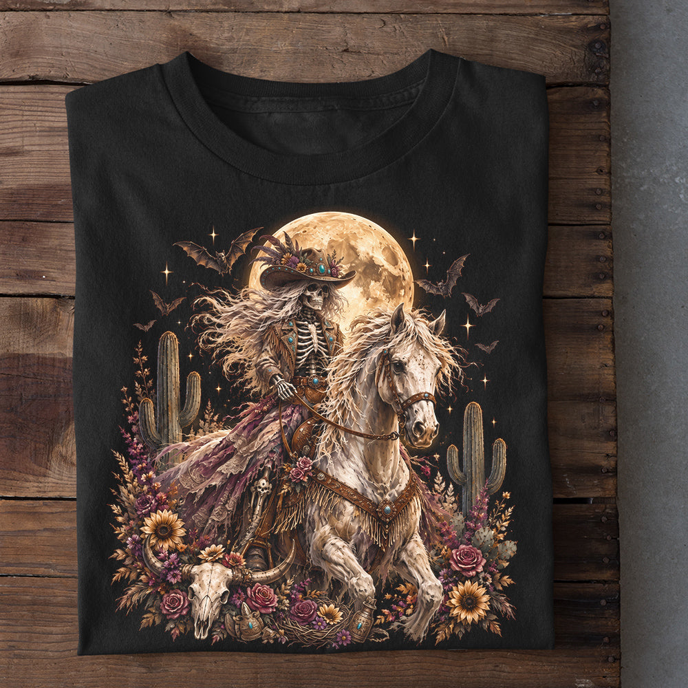 Halloween Western Cowgirl Skeleton T-Shirt, Ride Until The Afterlife Tees Spooky Season Gift For Cowgirls