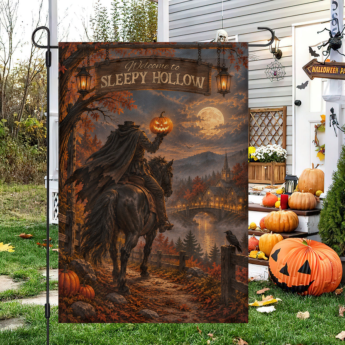 Vintage Halloween Sleepy Hollow Garden & House Flag, Welcome To Sleepy Hollow Yard Flag, Spooky Season Gift For Horseman Lover