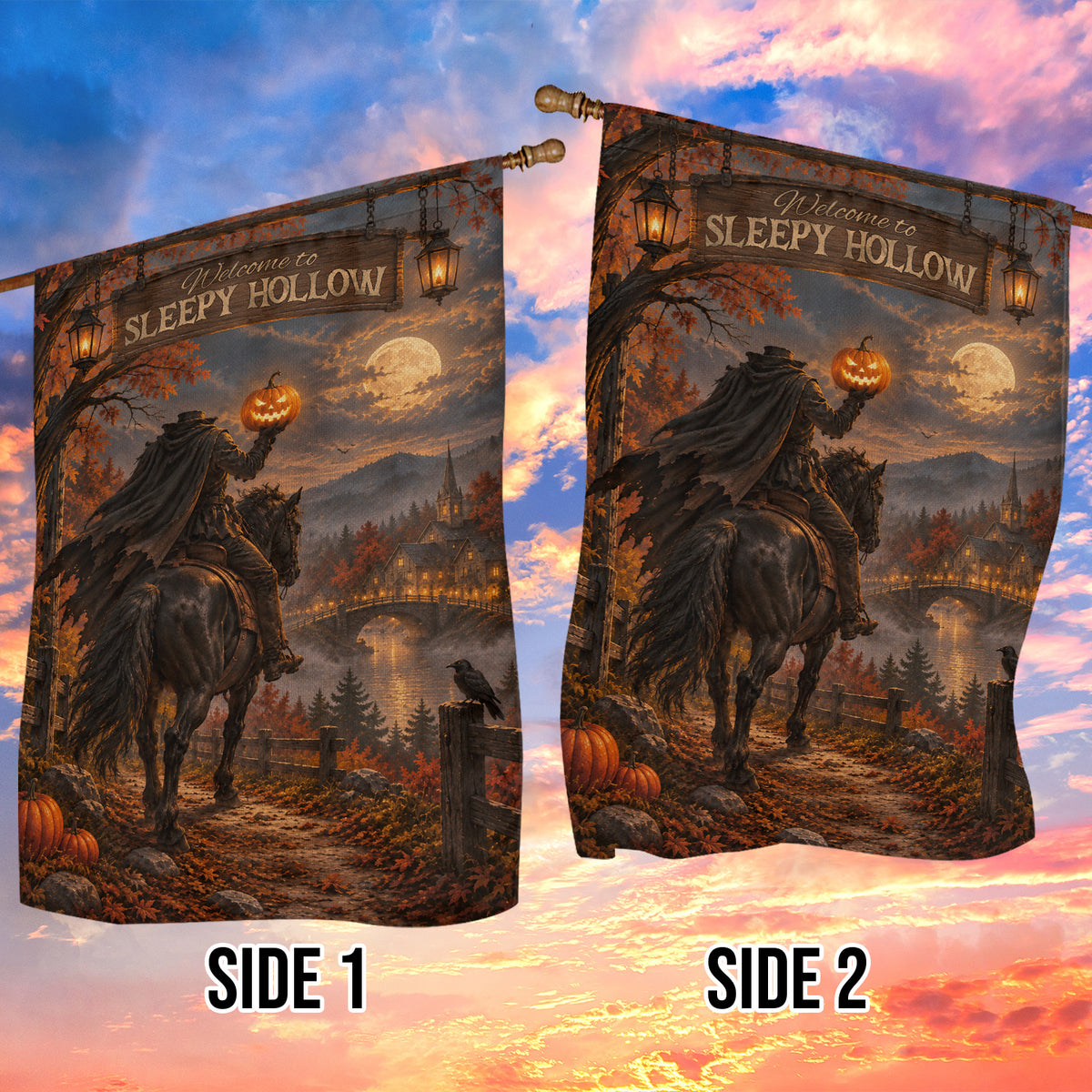 Vintage Halloween Sleepy Hollow Garden & House Flag, Welcome To Sleepy Hollow Yard Flag, Spooky Season Gift For Horseman Lover
