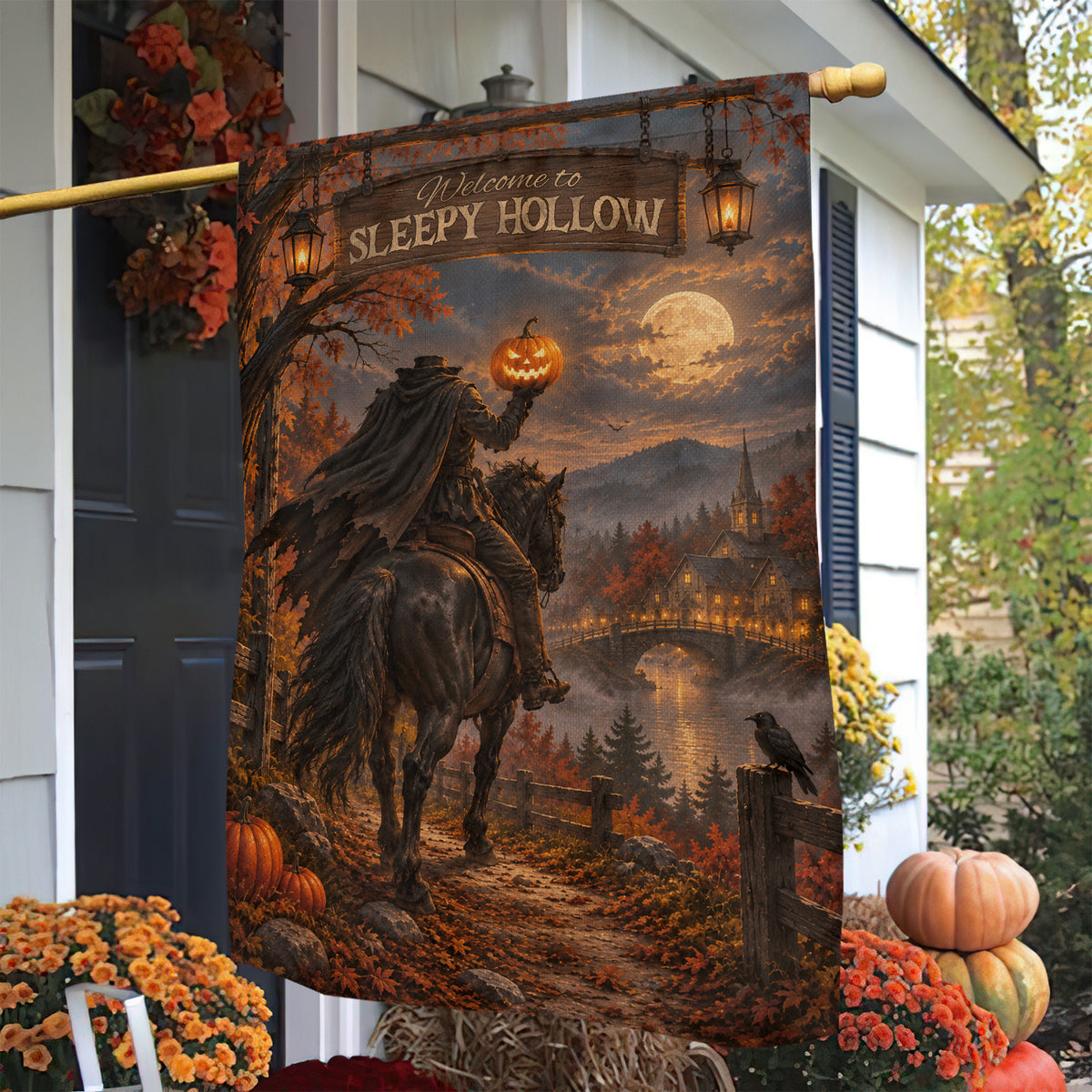Vintage Halloween Sleepy Hollow Garden & House Flag, Welcome To Sleepy Hollow Yard Flag, Spooky Season Gift For Horseman Lover